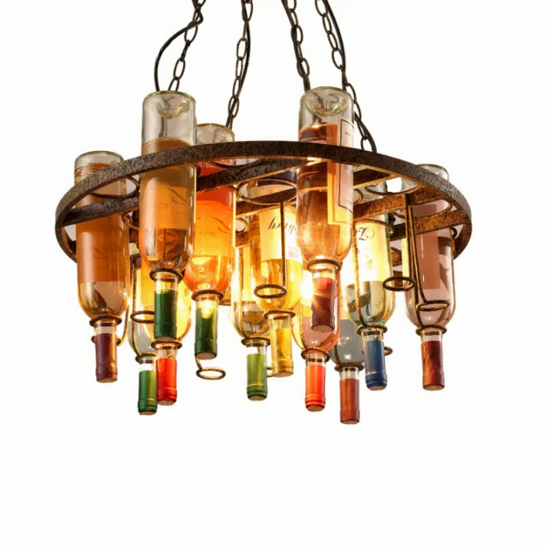 Round metal hanging chandelier, bottle holder, with bulbs. On a white background.
