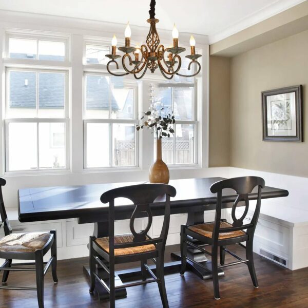 Baroque chandelier style vintage copper in a dining room in the old style