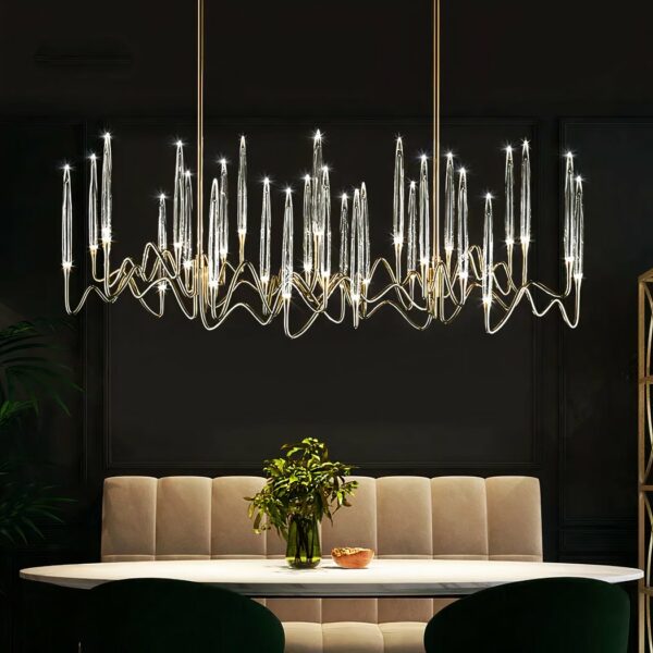 Bohemian candle chandelier in Nordic crystal above a minimalist dining table