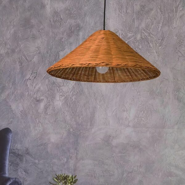 Brown vintage-style wicker hanging lamp on a grey background