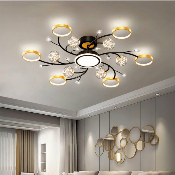 Circular modern adult bedroom chandelier in glass and iron on grey background