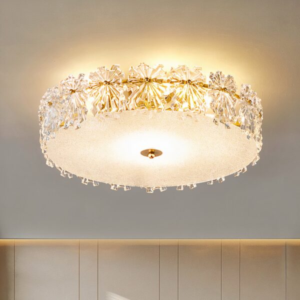 Adult bedroom chandelier in crystal, golden color, round shape, on a ceiling