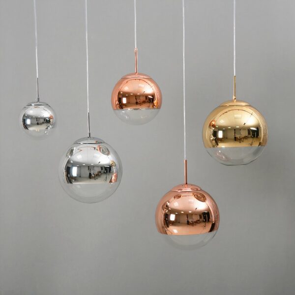 Decorative globe suspension presented in colors in front of a gray wall