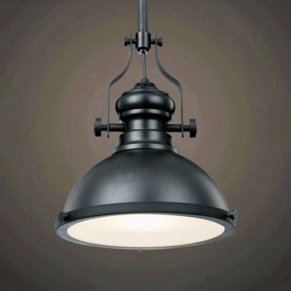 Industrial suspension lamp in black iron with retro design presented on a dark background