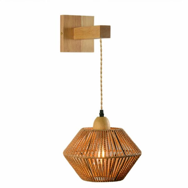 Japanese-style wicker wall lamp, with wooden support that holds a wicker lantern on a rope