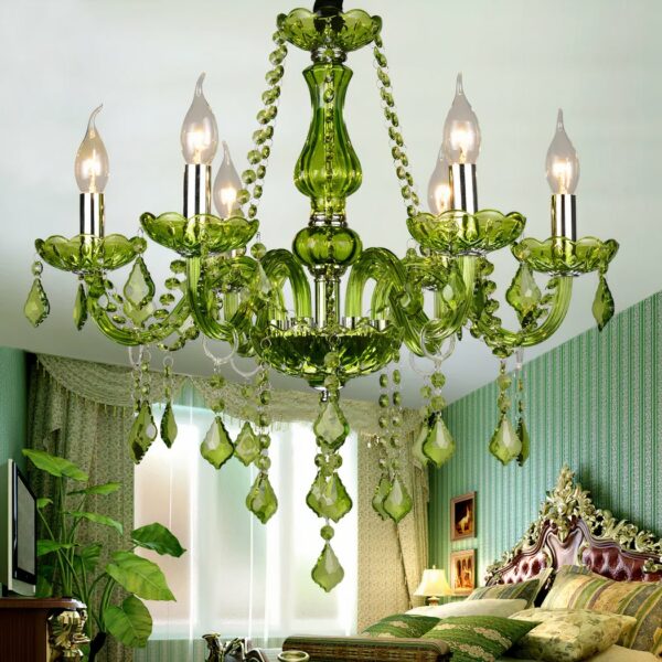 In one room, a green vintage-style chandelier hangs from the ceiling.