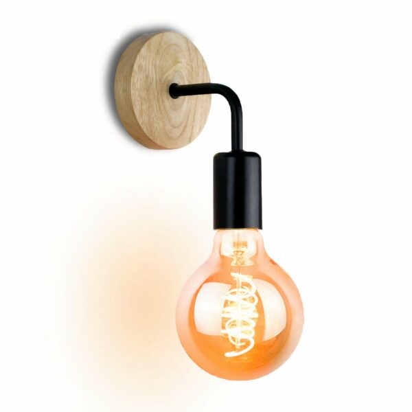 Wall light bulb black metal frame and round wooden support with a bulb at the end