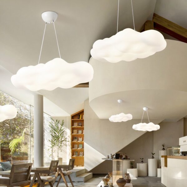 Modern-design acrylic cloud hanging lamp, presented as a hanging lamp several times in a room.