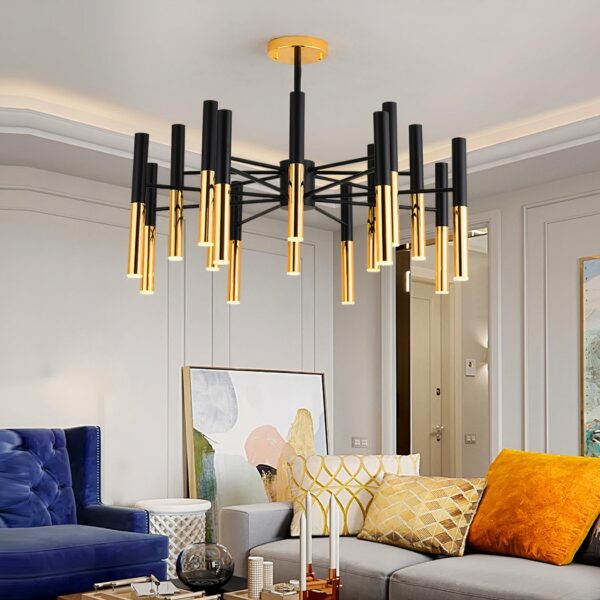modern black and gold LED tube chandelier in a modern living room above a brightly colored sofa