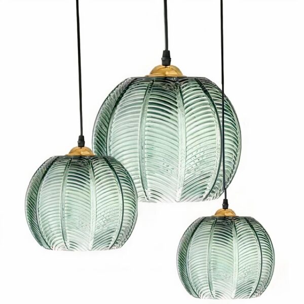 Nordic glass jungle hanging lamp in various sizes on a white background