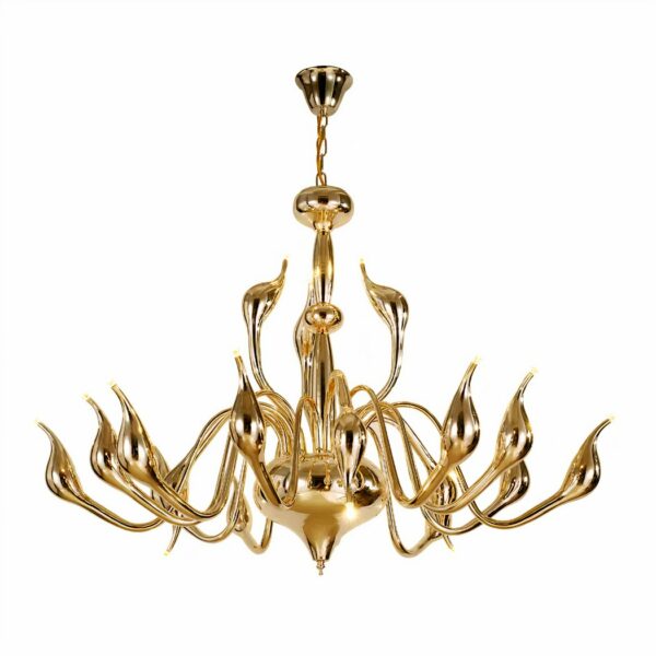 On a white background, an oriental chandelier with majestic gilded arabesques.