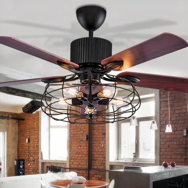 Retro loft-style metal fan chandelier in a loft-style kitchen