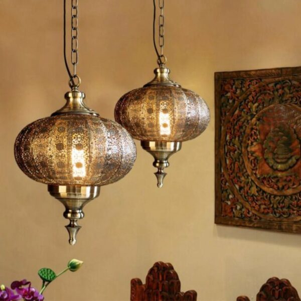 Retro vintage Moroccan hanging lamp presented in two pieces, hung side by side and lit