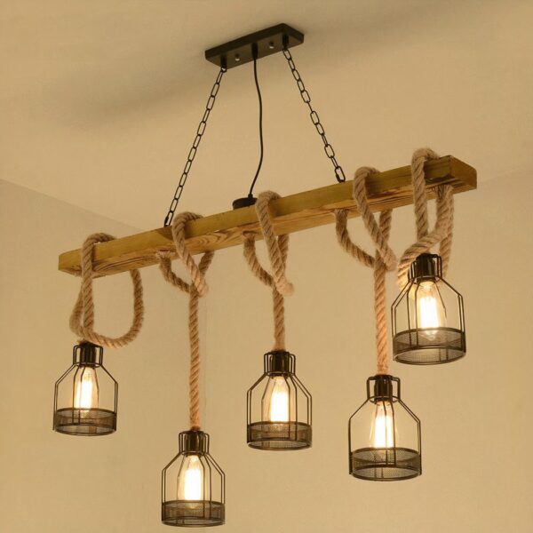 Rope suspension with vintage-style lanterns on a beige background