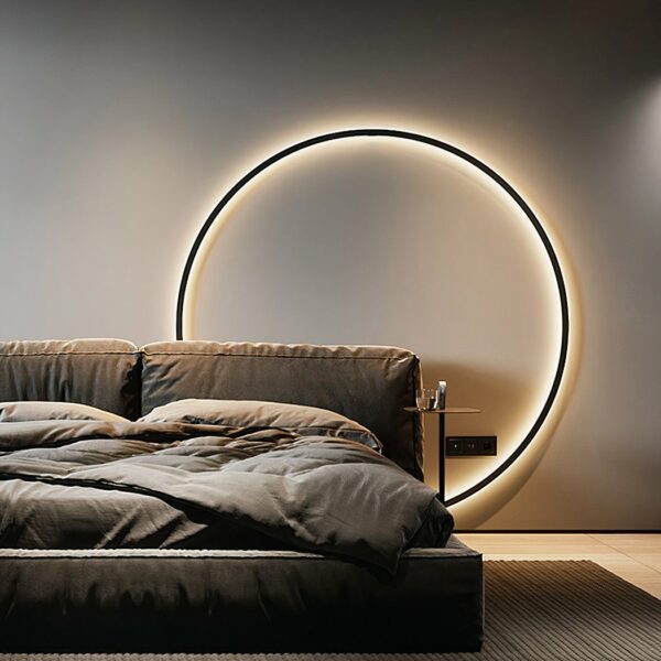 Round headboard wall light in black, with light around the circle, behind a bed