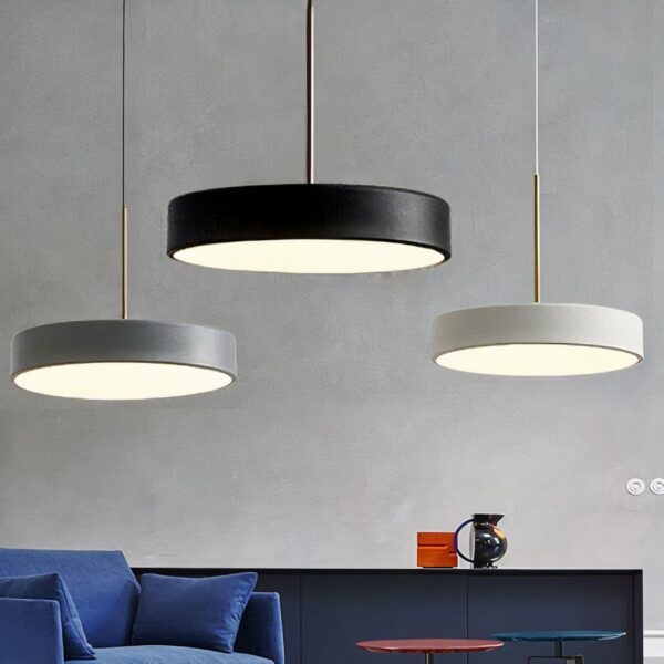 Nordic-style disc-shaped LED hanging lamp in a living room