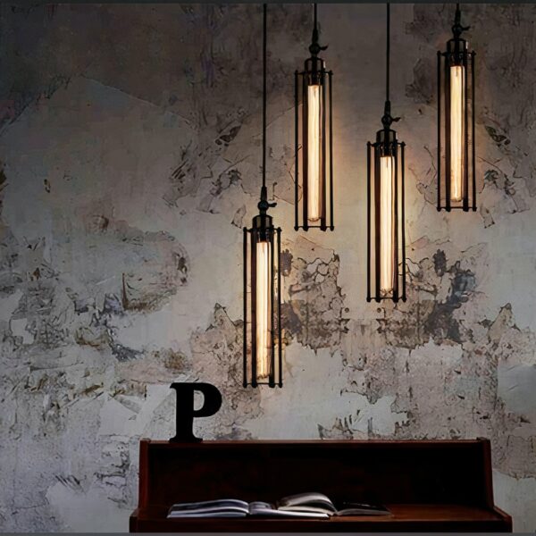 Retro vintage industrial suspension presented several times above a black cabinet