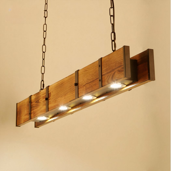 Hanging vintage-style LED wooden chandelier with beige background