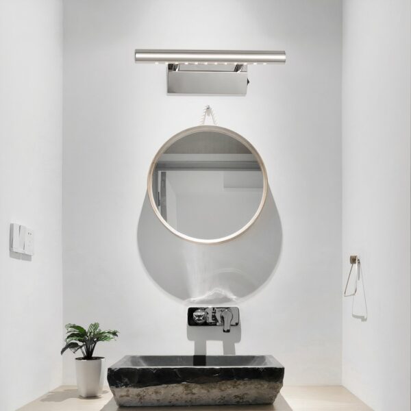 Waterproof bathroom wall light presented above an oval mirror