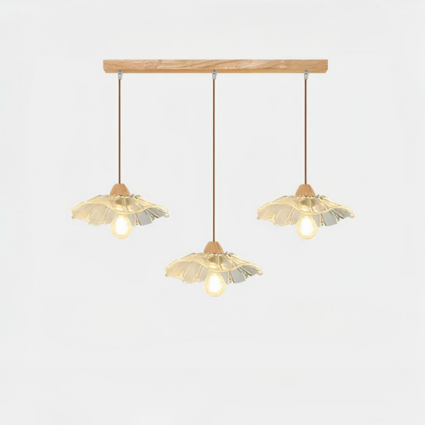 Chandelier with three pendants, a rectangular wooden base and glass pendants in the shape of a flower. On a white background.