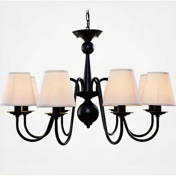 Black vintage chandelier with 8 white fabric shades. On a white background.