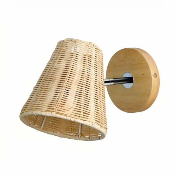 Rattan wall light, conical in shape, hanging from a round base with a metal rod. The hole for the bulb faces downwards. On a white background.