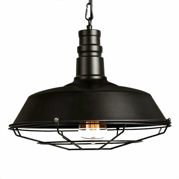 Industrial suspension lamp, black lampshade with closed top and grid-like bottom through which the bulb can be seen. White background.
