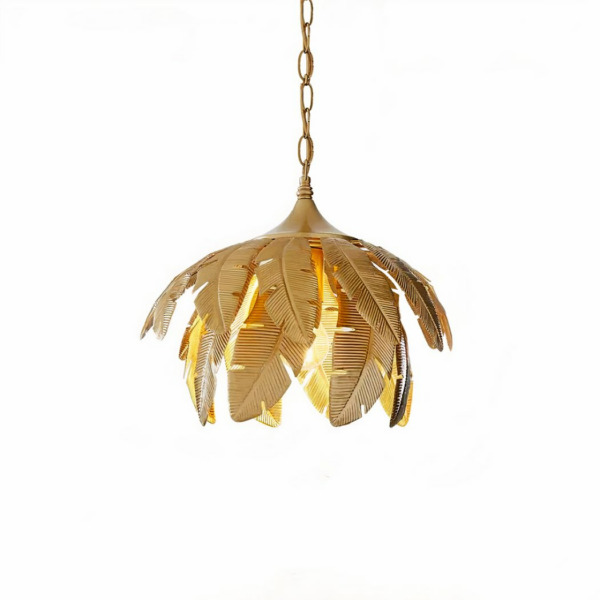 Gold-plated pendant with a hanging chain, and lots of jungle leaves create the shade. On a white background.