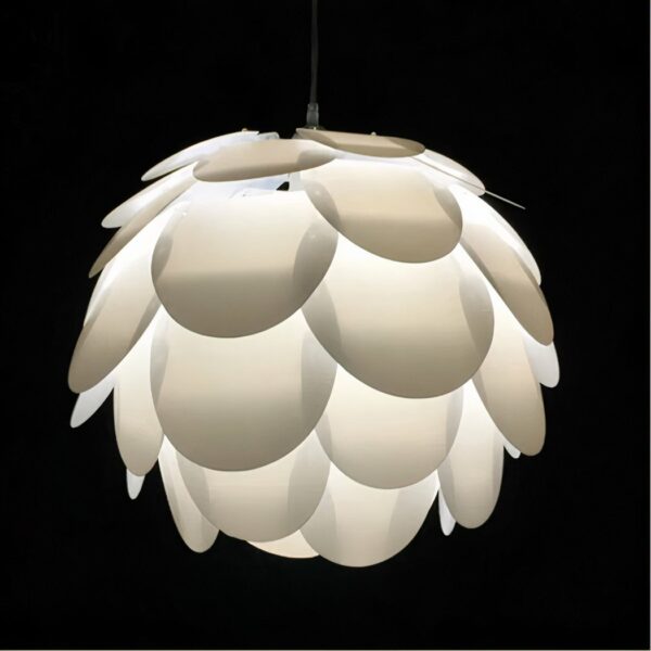 White origami ball chandelier. With lit bulb. On a black background.
