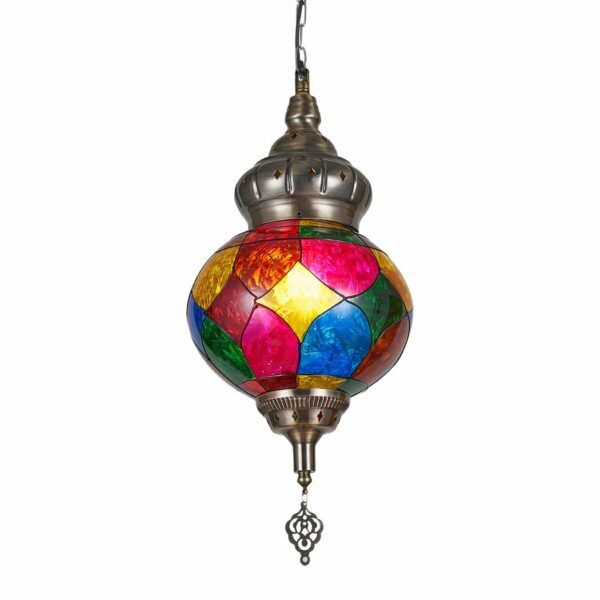 Moroccan chandelier in metal and colored stained glass. Traditional shape. On a white background.