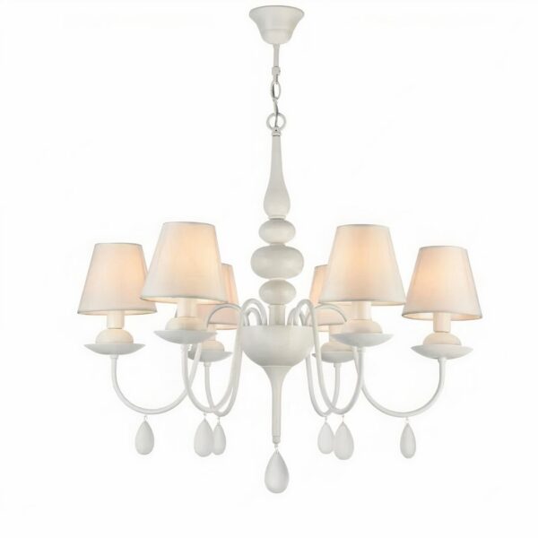White baroque chandelier with decorative hanging beads and 6 classic shades with lit bulbs. On a white background.
