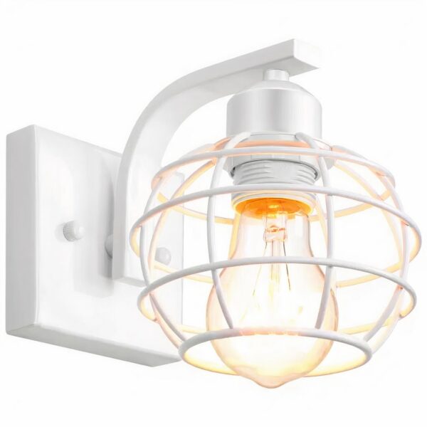 White wall light, with square base, from which a curved arm extends, holding a cylinder with the screw thread of the bulb and the airy round shade, made of thin ring-shaped metal rods connected by other thin rods in a circular arc. With lit bulb. On a white background.