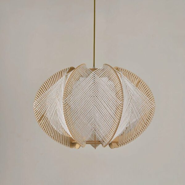 Hanging chandelier in wood and woven rope. In the shape of a hot-air balloon on a beige background.