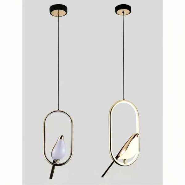 on a light-grey background, two hanging birds perch