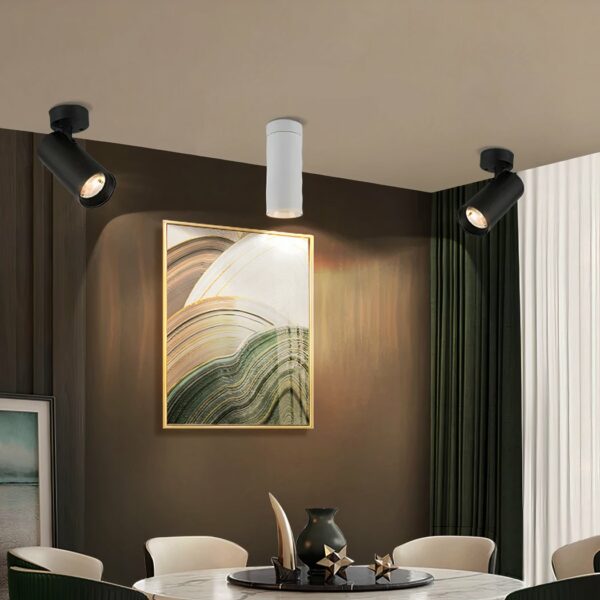 Black LED ceiling spotlight modern living room, installed on a dining room ceiling with a white version.