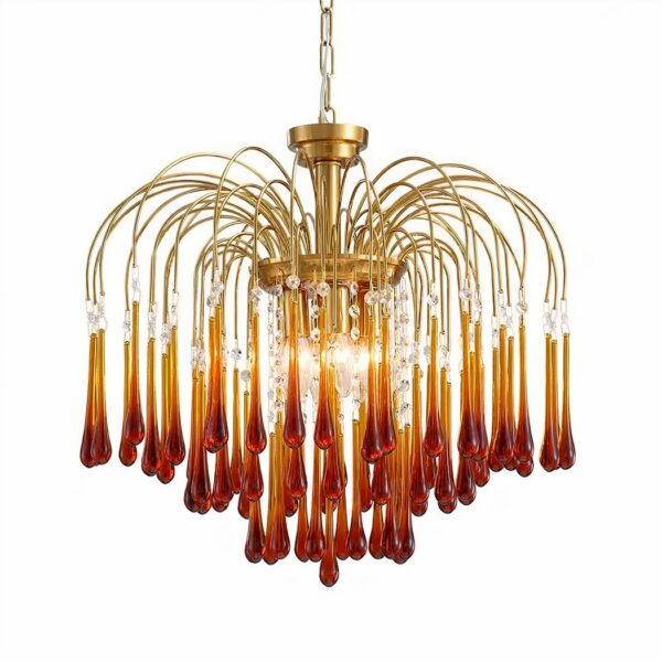 Vintage chandelier with gold structure. The branches fall from the center like a weeping willow. At each end of the branches, a brown glass teardrop. White background.