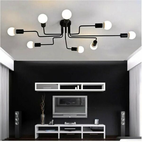 in a gray and black living room, a multi-headed ceiling chandelier in the industrial style