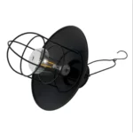 Black cage pendant light on its side showing the bulb, shade and hook