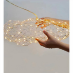Net shaped string light with warm LED bulbs held in a hand