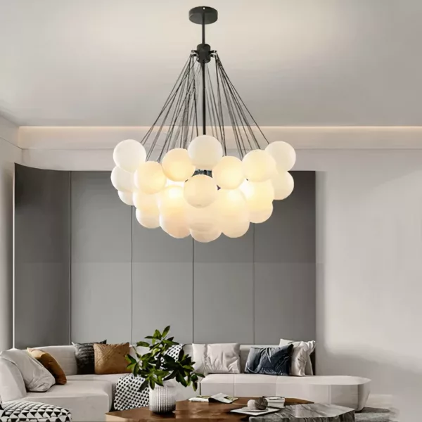 Elegant glass cluster suspension presented in a living room
