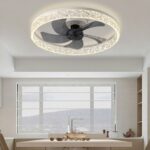 Crystal ring ceiling fan with black blades and a glowing LED halo