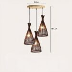 Dimensions diagram of the three rattan cone pendants showing 30cm width and 1.5m height