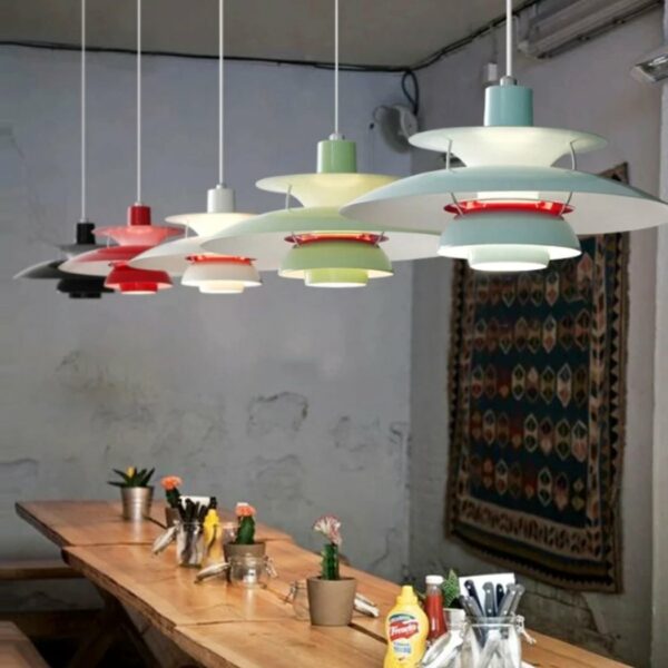 High-quality Danish-design vintage hanging lamp above a restaurant-style dining table