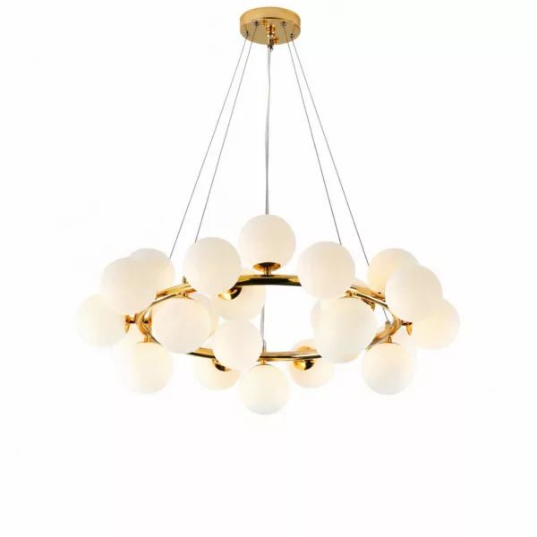 Cluster pendant light with numerous white glass globes on a gold frame