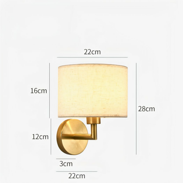 Dimensions diagram of the fabric drum wall lamp showing 22 cm shade width and 28 cm total height