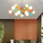 Colourful sphere chandelier hanging above a sofa against an orange panelled wall
