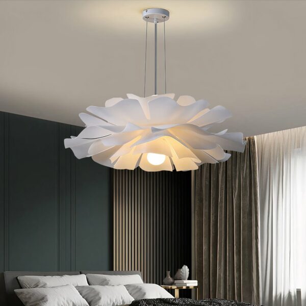 Hanging romantic white flowers in modern Nordic acrylic style in a room with green tones