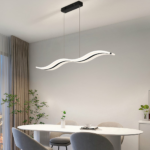 White wave shaped LED pendant above an oval table with grey chairs