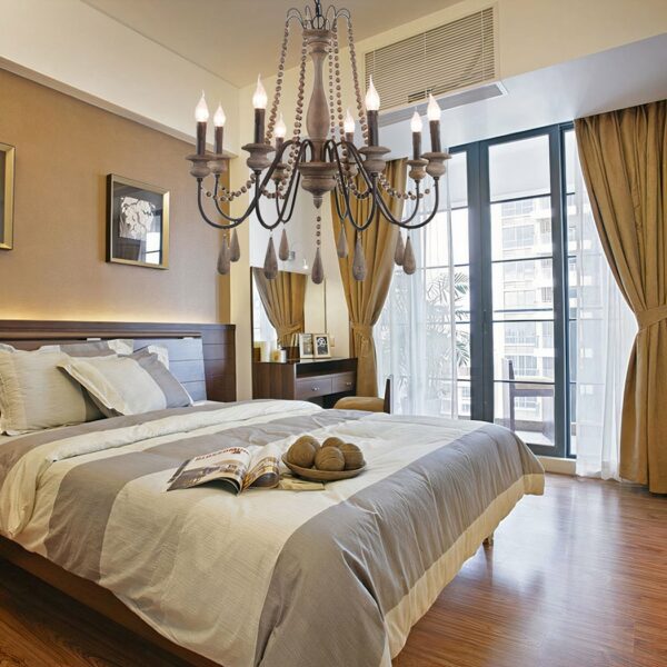 Retro adult bedroom chandelier in solid wood with beige background in a bedroom with a bed