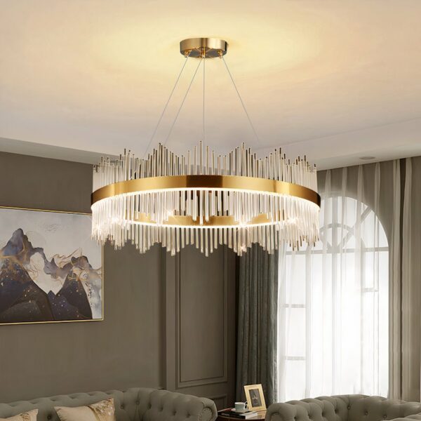 In a living room, a majestic chandelier in the style of a princess ceiling light hangs from the ceiling.